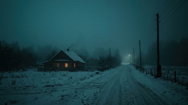 Foggy rural settlement at winter night with a small house and utility poles barely visible through teal-blue mist, snow covering the road, atmospheric cinematic photography with muted low-contrast