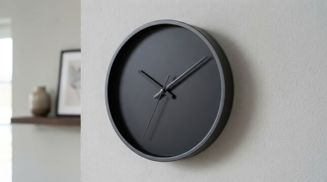 Minimalist black wall clock hanging on a bright white wall