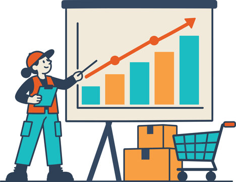 Warehouse Sales Growth Chart with Female Worker and Inventory Boxes