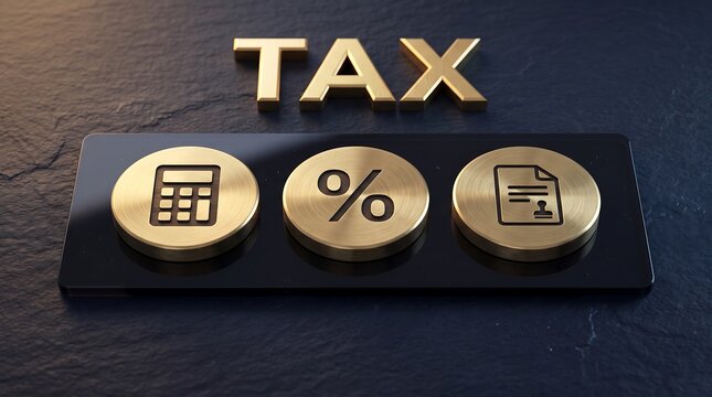 Gold coins with calculator, percent and document icons under tax word on dark background, taxation and finance concept