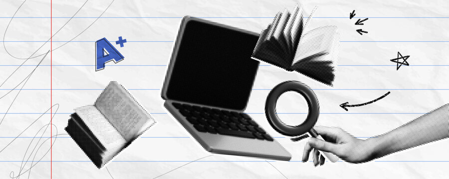 Trendy Halftone Collage Online education and study concept. Computer laptop with hand and floating books. New course, webinar. Smart thinking and brainstorming. Contemporary vector art illustration