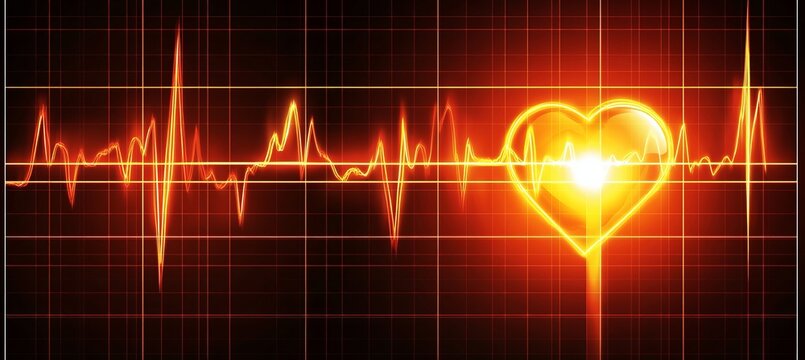 Abstract Digital Heart Rate Medical Electrocardiogram Display With Glowing Pulse Line On Dark BG