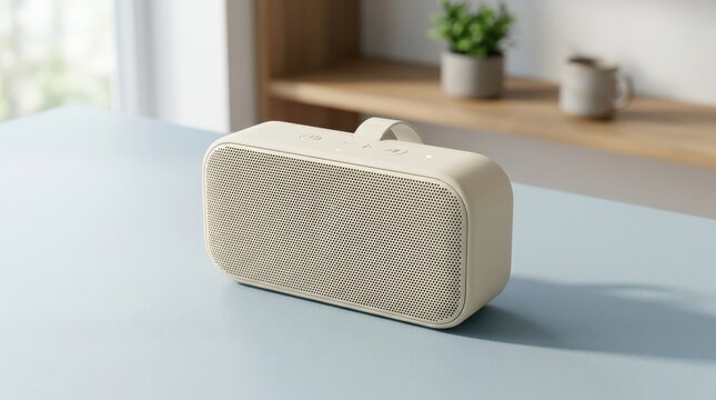 Portable cream speaker with rounded rectangular form on a cool pale-blue studio surface, premium electronics product photography, fine grille texture, soft shadow, minimalist industrial design and