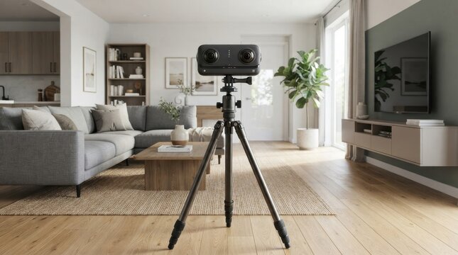 Dual lens 360 camera on tripod in modern living room