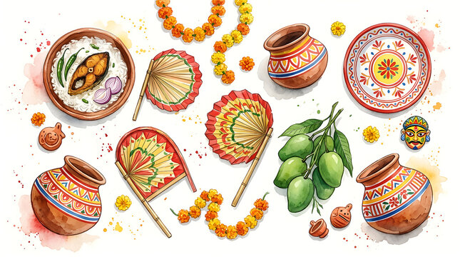 Watercolor illustration of traditional Bengali New Year elements including hilsa fish, clay pots, hand fans, and marigold flowers.