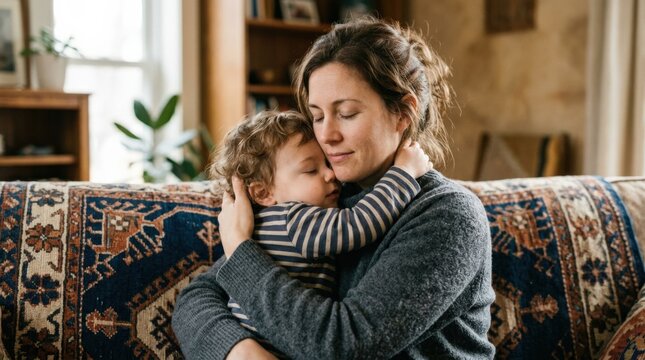 Mother embracing her child closely on patterned fabric, authentic lifestyle photography, rich blue and warm brown tones, shallow focus, affectionate expression, parenthood, comfort and intimate family