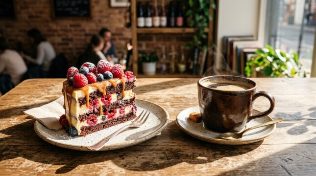 Slice of berry cake and a cup of coffee on separate plates illuminated by sharp afternoon sunlight, warm caf&eacute; still life, cream, raspberry, caramel and dark brown palette, elegant shadows, editorial