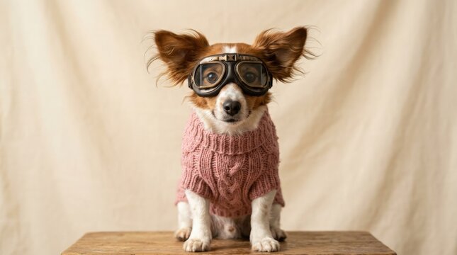 Small brown-and-white dog wearing oversized aviator goggles and a dusty pink knitted sweater, centered studio pet portrait, windswept ears, warm cream backdrop, realistic fur texture, soft directional