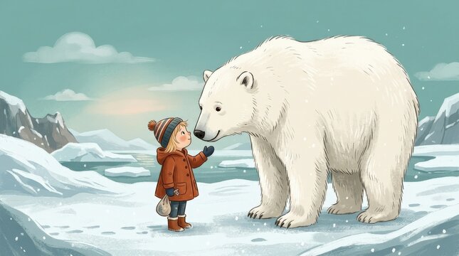 Small child in a rust-colored coat standing face-to-face with a gigantic white polar bear, flat storybook illustration, muted teal background, snowy ground, gentle scale contrast, wildlife, climate