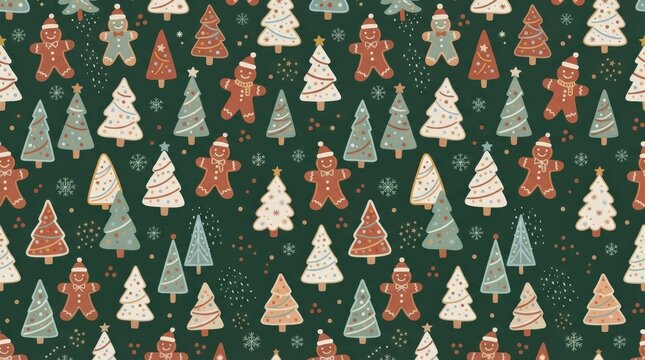 Seamless Christmas pattern with stylized gingerbread people, fir trees and small snow motifs on a deep forest-green background, flat vector illustration, muted cream, rust and pastel accents, playful