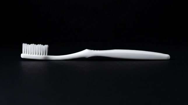 Single white toothbrush isolated horizontally on a deep black background, minimalist personal-care product photography, soft side light, fine bristle detail, clean modern oral-health advertising
