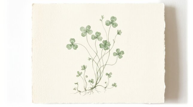 Tiny clover-like green plants with slender stems on a pale cream background, minimalist botanical illustration, soft watercolor texture, fresh sage palette, sustainability, growth and delicate spring