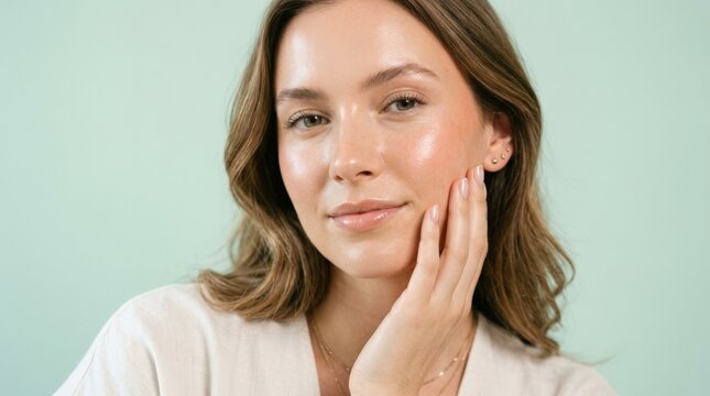 Beauty portrait of a young woman against a pale mint-green background, dewy natural skin, glossy nude lips, softly flushed cheeks, manicured hand near her face, high-end skincare advertising