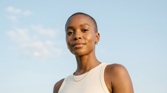 Young Black woman with shaved hair wearing a simple cream-white top, low-angle beauty portrait against pale blue sky, luminous warm skin, calm gaze, soft sunlight, minimalist composition, elegant
