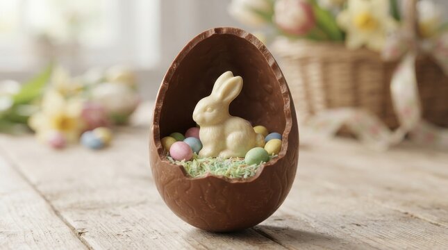 chocolate easter egg with white bunny and pastel candies on wood