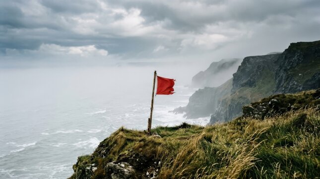 Small red flag standing on a grassy coastal cliff above a pale misty ocean, atmospheric landscape photography, muted green and gray palette with vivid red accent, windy isolated mood.