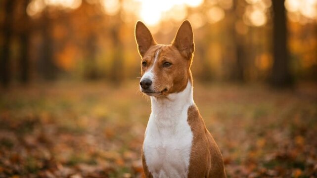 basenji dog close up in autumn sunset light in congo basin africa video