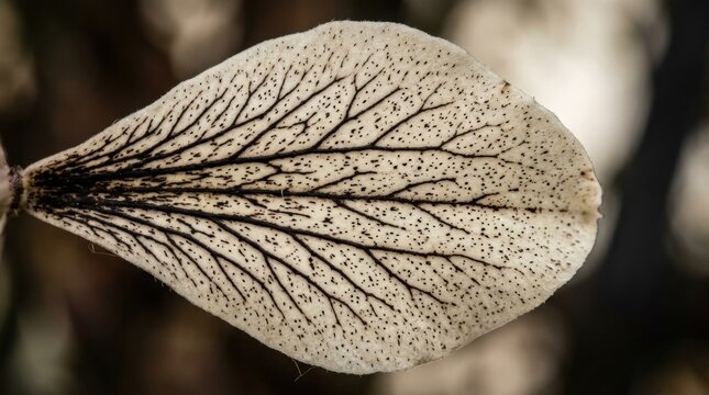 Macro photograph of a pale petal covered in tiny dark brown speckles, dramatic branching veins radiating from one edge, cream and black palette, high-detail organic abstraction and soft diffused
