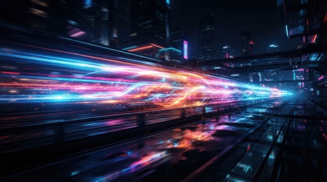 Wide horizontal streak of colorful light and reflective surfaces, abstract motion photography, blue, pink, orange and white gradients, dark background, futuristic transportation or technology mood,