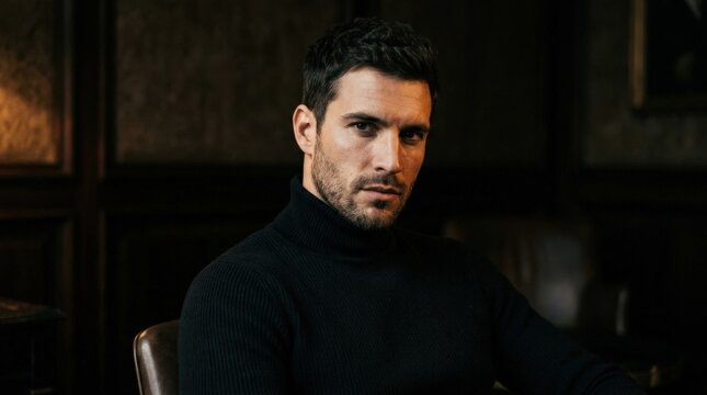 Handsome young man in black turtleneck against a dark background, cinematic male portrait photography, warm side lighting, realistic facial texture, intense gaze, subdued brown-black palette and