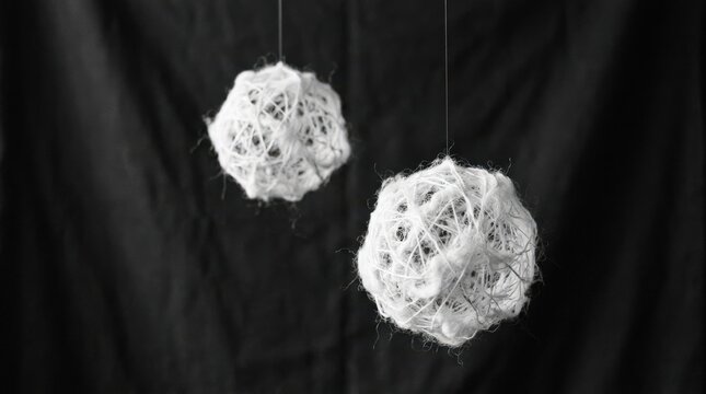 Two delicate white spherical sculptural forms suspended against a deep charcoal background, fine art still life photography, soft fuzzy or fibrous texture, monochrome palette, subtle rim lighting,