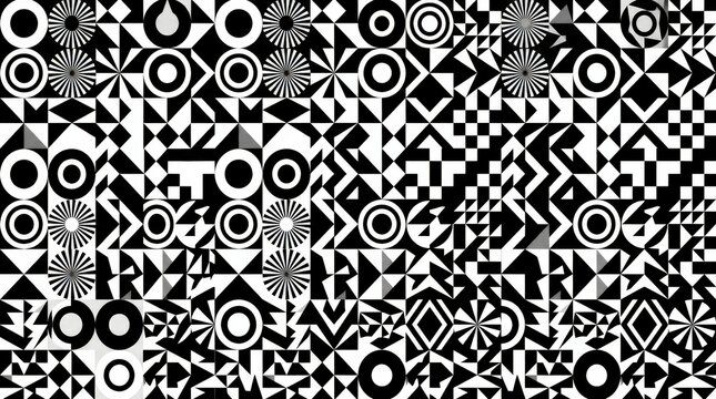 Optical black-and-white pattern composed of repeated circles, triangles and checker-like geometry, bold vector poster, rhythmic high-contrast arrangement, precise modular forms and Bauhaus-inspired