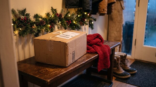 Cardboard delivery box on entryway bench beneath decorated Christmas garland. Holiday parcel and seasonal home decor. Online shopping delivery, gift giving and festive preparation.