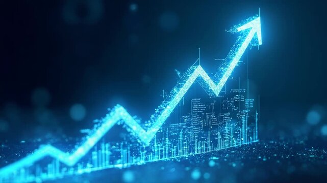 Rising arrow graph digital growth concept with blue glowing chart and upward trend showcasing futuristic data visualization and digital progress in business technology sectors.