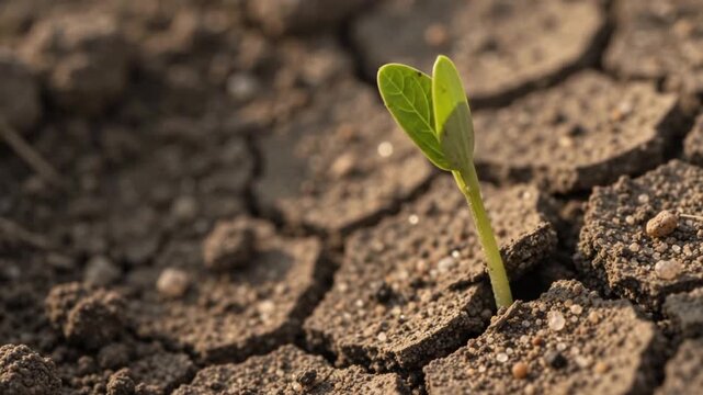 Green plant seedling sprouting and growing from dry cracked earth soil time lapse video footage
