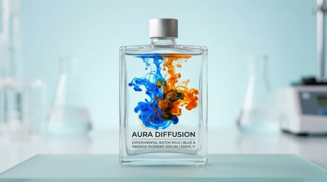 Clear rectangular glass bottle containing floating blue and orange pigment clouds, experimental product photography, pale cyan background, translucent liquid, vivid color diffusion and premium