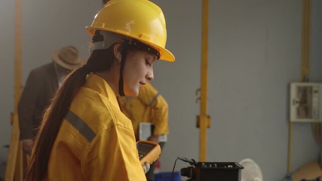 Engineer woman with helmet in safety clothing uses multimeter to test electrical installation, measure current of machinery at manufacturing factory. Young female technician worker inspecting machine.