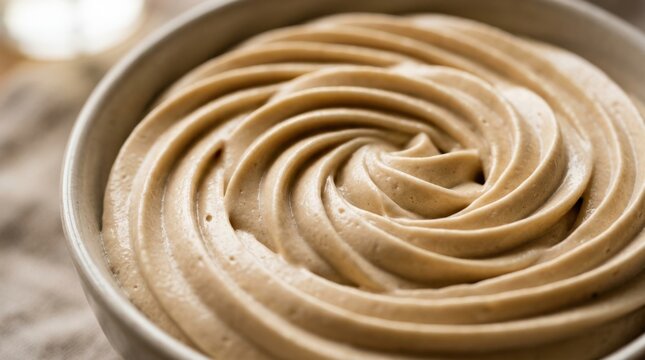Swirling creamy beige mousse or whipped frosting viewed in macro, food texture photography, smooth spiral pattern, soft highlights and shadows, warm neutral palette, rich tactile dessert aesthetic.