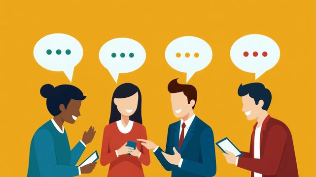 Vector illustration of diverse business people communicating with speech bubbles. Ideal for teamwork, brainstorming, discussion, and workplace collaboration concepts.