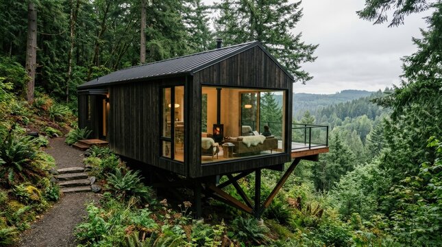 Modern dark timber cabin with large picture window projecting over lush green woodland, architectural photography, subdued forest palette, soft overcast light, tranquil eco-luxury retreat aesthetic.
