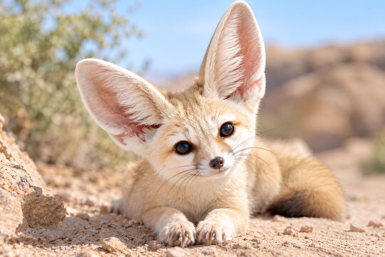 Adorable Fennec Fox Resting on Sandy Desert Ground in Natural Sunlight