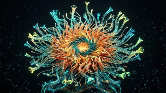 Colorful radial organic sculpture resembling coral or an anemone, dozens of translucent teal, orange and yellow tubes radiating outward, premium 3D render on black and vibrant biomorphic science
