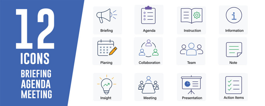 Briefing, Agenda, and Meeting icon set. Contains icons related to Briefing, agenda, and more. Editable stroke. Vector illustration.   