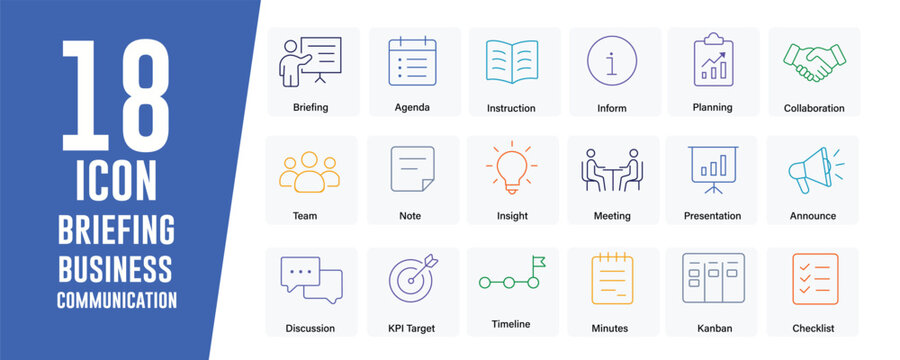 Briefing and Business Communication icon set. Contains icons related to Briefing, business communication, and more. Editable stroke. Vector illustration.