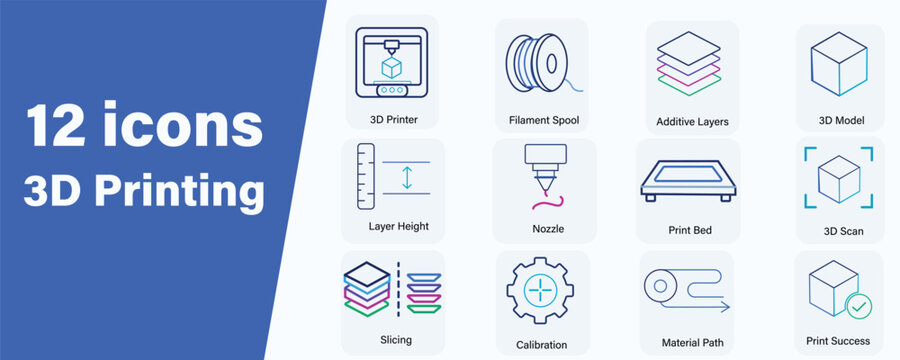 3D Printing and Additive Manufacturing icon set. Contains icons related to 3D printing, additive manufacturing, and more. Editable stroke. vector illustration