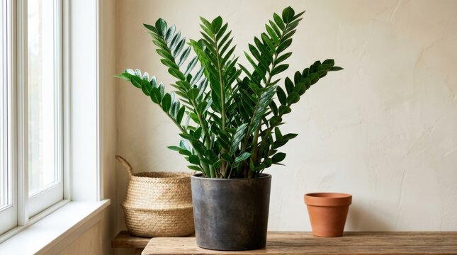 Tall ZZ plant with dense glossy emerald leaves, close-up indoor botanical photography, dark rich foliage against a warm ivory background, soft directional light, realistic leaf sheen, elegant vertical
