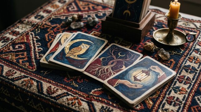 Open or stacked illustrated cards on a richly woven patterned surface, moody close-up photography, gold, blue and red textile details, divination, heritage craft and spiritual ritual concept.