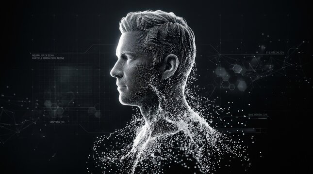 Male side-profile bust formed from tiny white particles on black, futuristic 3D digital art, face and neck dissolving into granular dots, monochrome charcoal palette, precise rim lighting, scientific