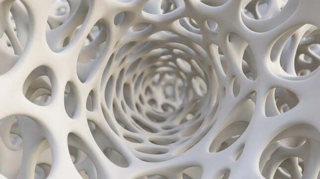 Repeating white organic cavities forming a smooth perforated surface, abstract 3D render, soft ivory and pale gray palette, rounded biomorphic geometry, subtle shadows, futuristic material science and