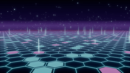 Futuristic neon hexagonal grid beneath a star-filled digital sky © Zafergulec