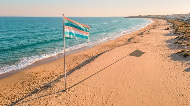 Striped flag on a tall pole casting a long shadow across warm beach sand, aerial or elevated coastal photography, peach and teal palette, clean geometric composition.