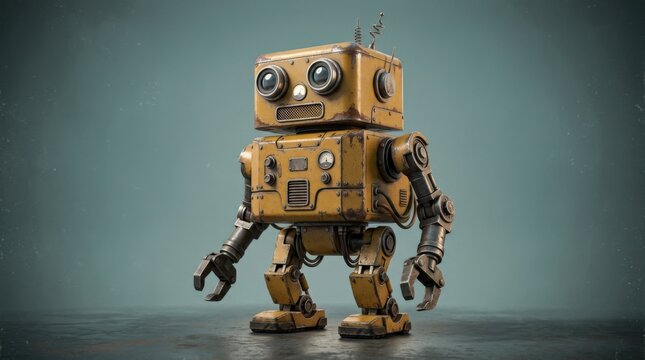 Yellow retro-style robot standing against a muted teal-gray background, premium 3D illustration, boxy metal body, visible bolts and mechanical joints, worn industrial texture, playful vintage-futurist