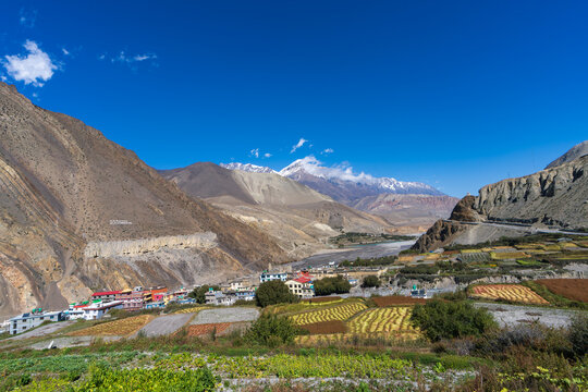 Landscape view of Kagbeni village beside the Kali Gandaki River in Mustang, Nepal, showcasing traditional Himalayan architecture, arid mountain terrain, and the dramatic Trans-Himalayan scenery.