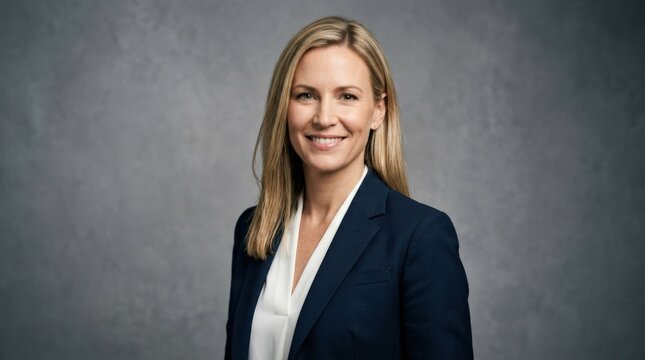 Professional businesswoman with straight blonde hair wearing a dark navy blazer, corporate studio portrait, medium gray background, soft flattering light, realistic expression, clean executive