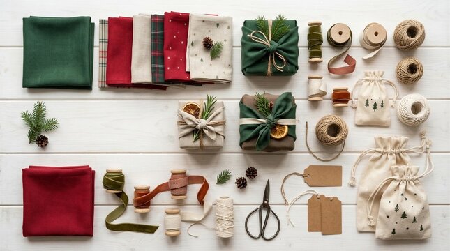 Christmas gifts wrapped in fabric with twine, ribbons and evergreen sprigs on white wooden boards. Eco friendly holiday gift wrapping supplies. Sustainable packaging and handmade craft