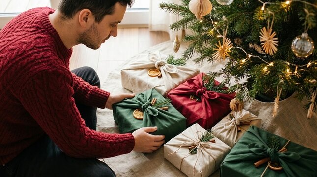 Man arranging fabric-wrapped gifts beneath a decorated Christmas tree. Eco-friendly holiday gift wrapping with reusable cloth and natural accents. Christmas preparation, sustainable gifting